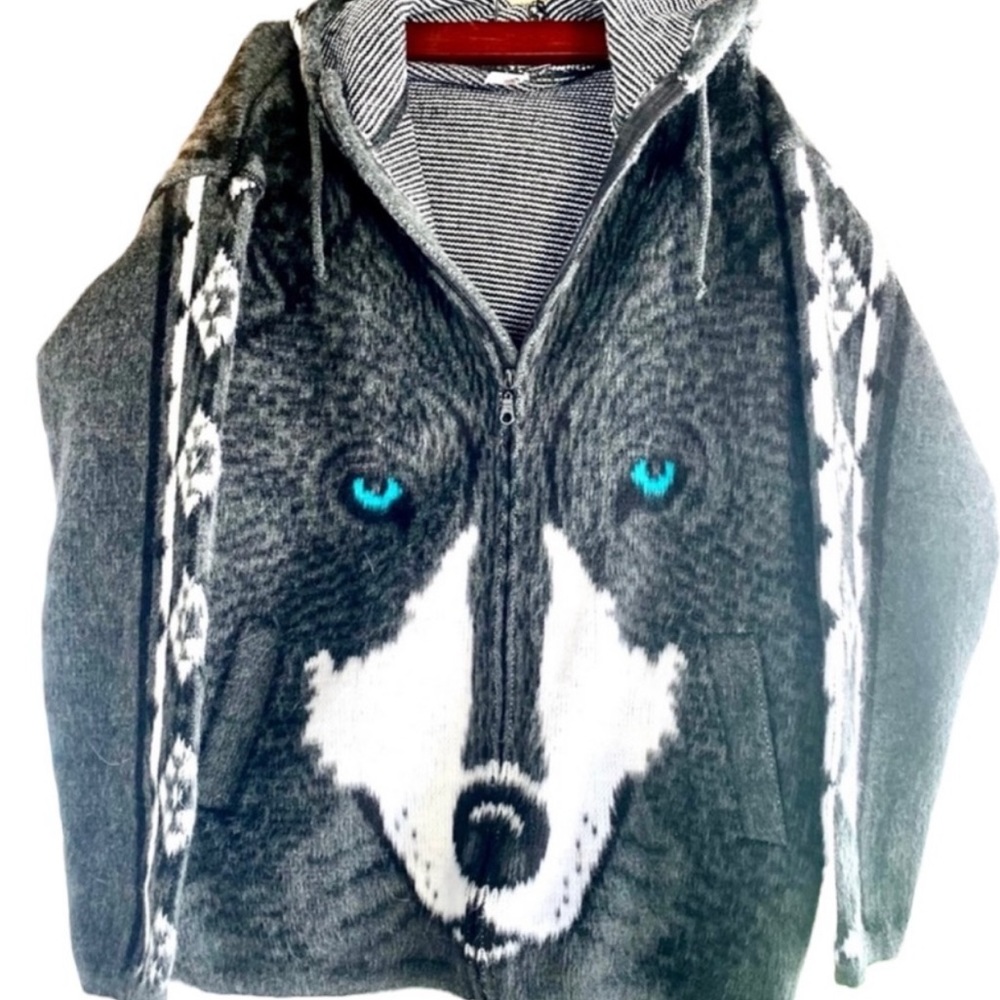 Handmade in Ecuador Wool Wolf Hooded Jacket Zip Coat 46 XL - Picture 3 of 11
